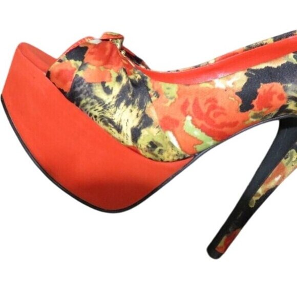 Qupid Penelope Orange Multi Suede Leather Peep Toe Platform Heels Stilettos - Picture 9 of 15